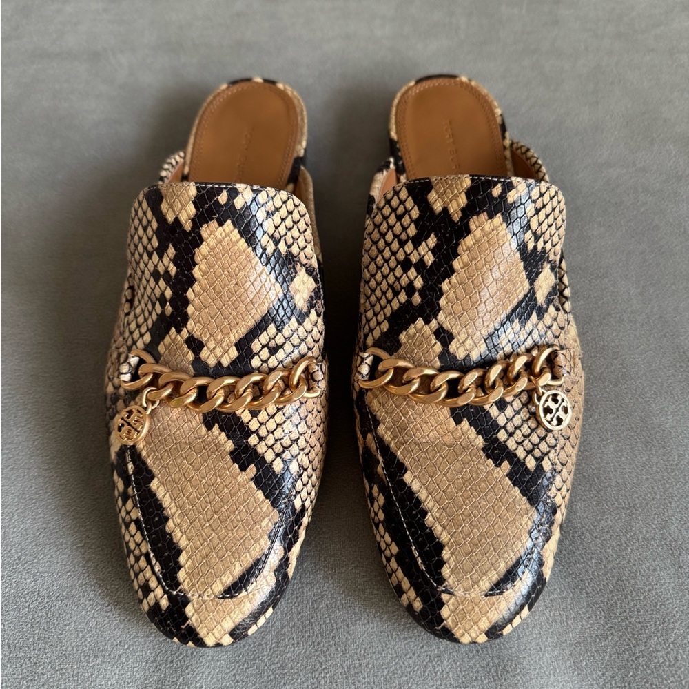 Tory Burch Benton Snakeskin Mules with Gold Chain